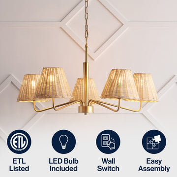 Libby 30" 5-Light Modern Coastal Sleek Woven Rattan/Iron LED Chandelier
